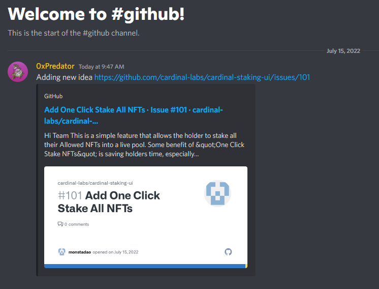 0xPredatorx's tweet photo. I found no one submits their idea to @cardinal_labs discord👀
So I am proud to be the first person who submits "Add One Click Stake All NFTs" into it⚒️ https://t.co/xmYdELd0Hz