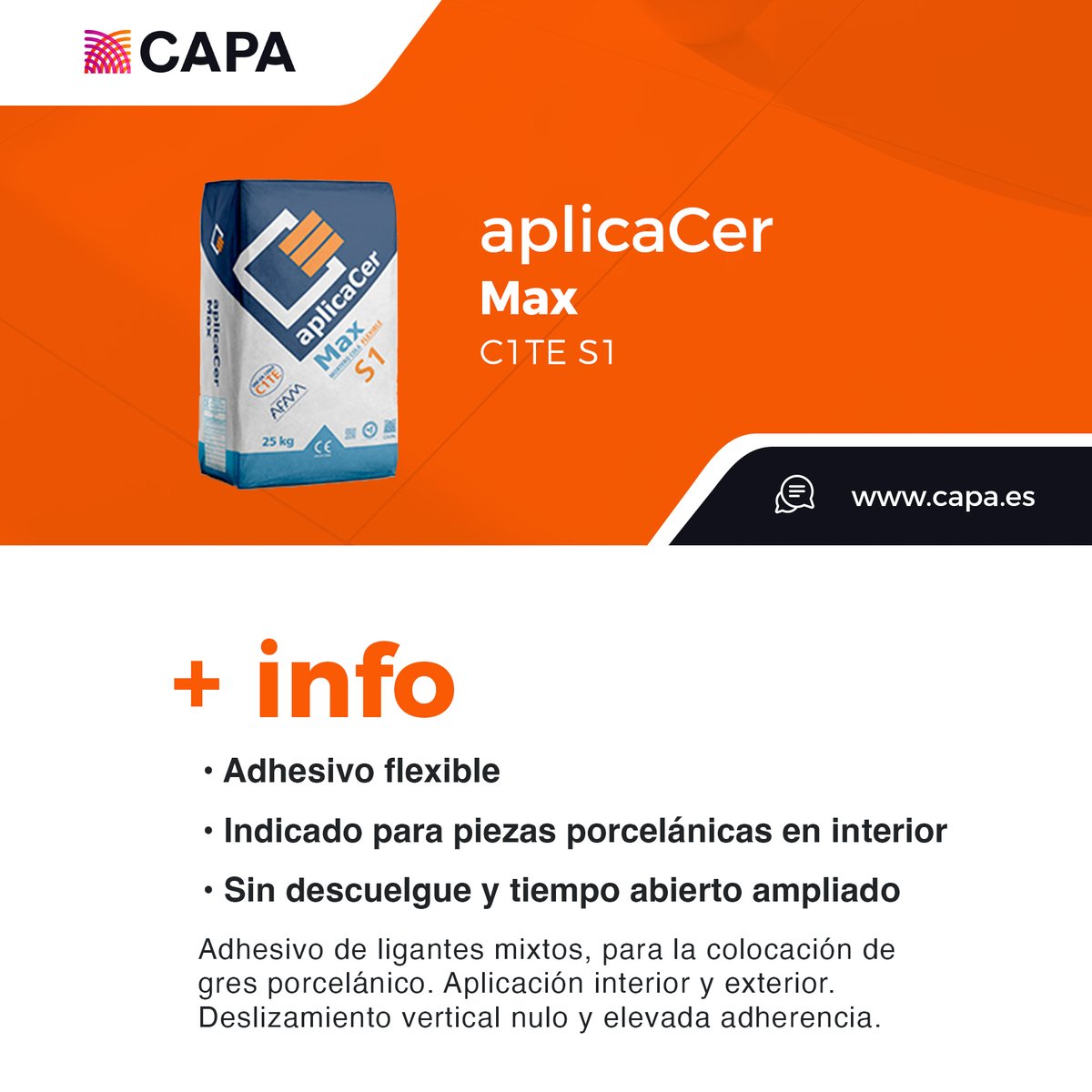 CementosC's tweet photo. aplicaCer Max C1 TE S1
✅ Colocación de baldosa cerámica de absorción media-baja en pavimentos y revestimientos interiores y pavimentos exteriores. 
✅  Idóneo para piezas porcelánicas en interiores.
#cementoscapa #ConstrucciónSostenible https://t.co/Vv8lY32iqc