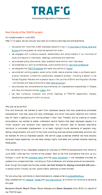 TRAFIG_EU's tweet photo. Our @HorizonEU project on #protractedDisplacement, #connectivity & #mobility ended after 3.5 years!
Get a better overview of our achievements, activities & publications over the last 4 months in our final #newsletter 'Staying connected' no 8⃣.
👉https://t.co/qawreIFoHW https://t.co/OwqJ3nTSI4