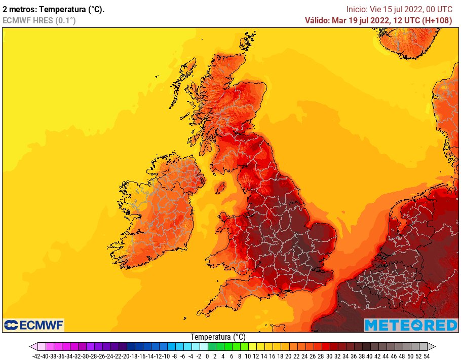 InfoMeteoTuit's tweet photo. ⚠️🥵 Alta probabilidad de que el Lunes o Martes se puedan alcanzar los 40°C en zonas de #UK. Sería histórico. #HeatWave #OlaDeCalor #CalorExtremo. https://t.co/n73DRCGQxX