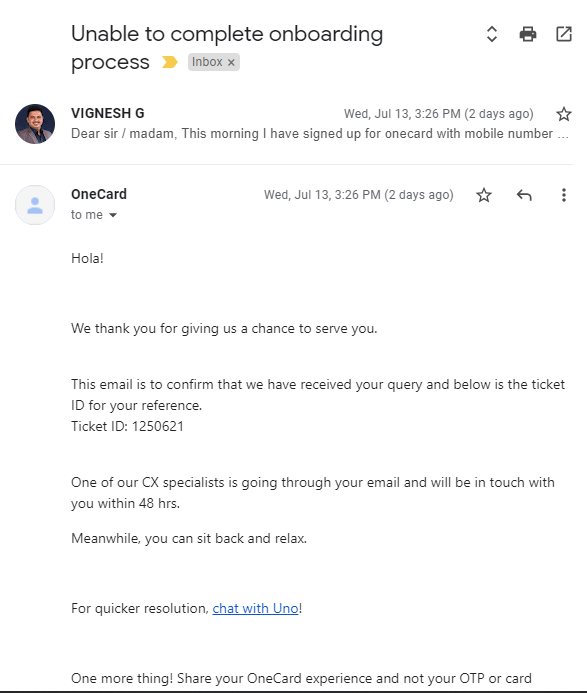 vigneshncc's tweet photo. @GetOneCardIN I have been waiting patiently for more than 48 hours.  Kindly expedite and improve your support process.  BTW, Uno chat is a kind of FAQ.  It is not capable to answer real questions. https://t.co/RtKqydqWS8