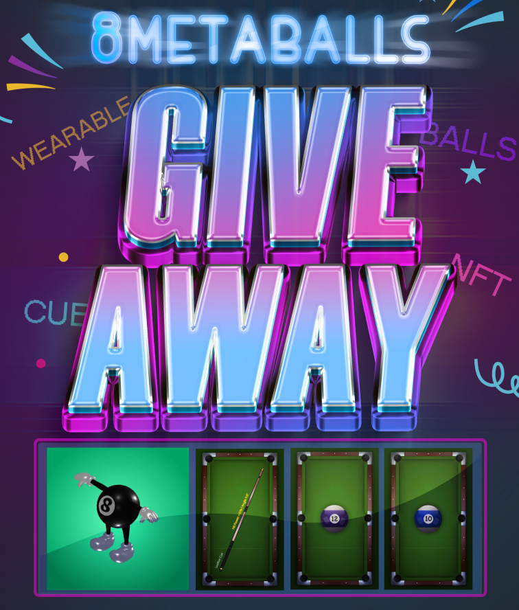 8Metaballs's tweet photo. 🎱 Wearable and NFT Giveaway 🎱
🏆 4x Winners 
-8MetaballsGuy Wearable
-Leather Cue NFT, Ball Card #10 #12 NFT
-TO ENTER: 
1️⃣ Like &amp; RT
2️⃣ Follow @8Metaballs
3️⃣ Tag Friends and Comment ETH address
⏰ Only 72h https://t.co/AhGEfFZtxK