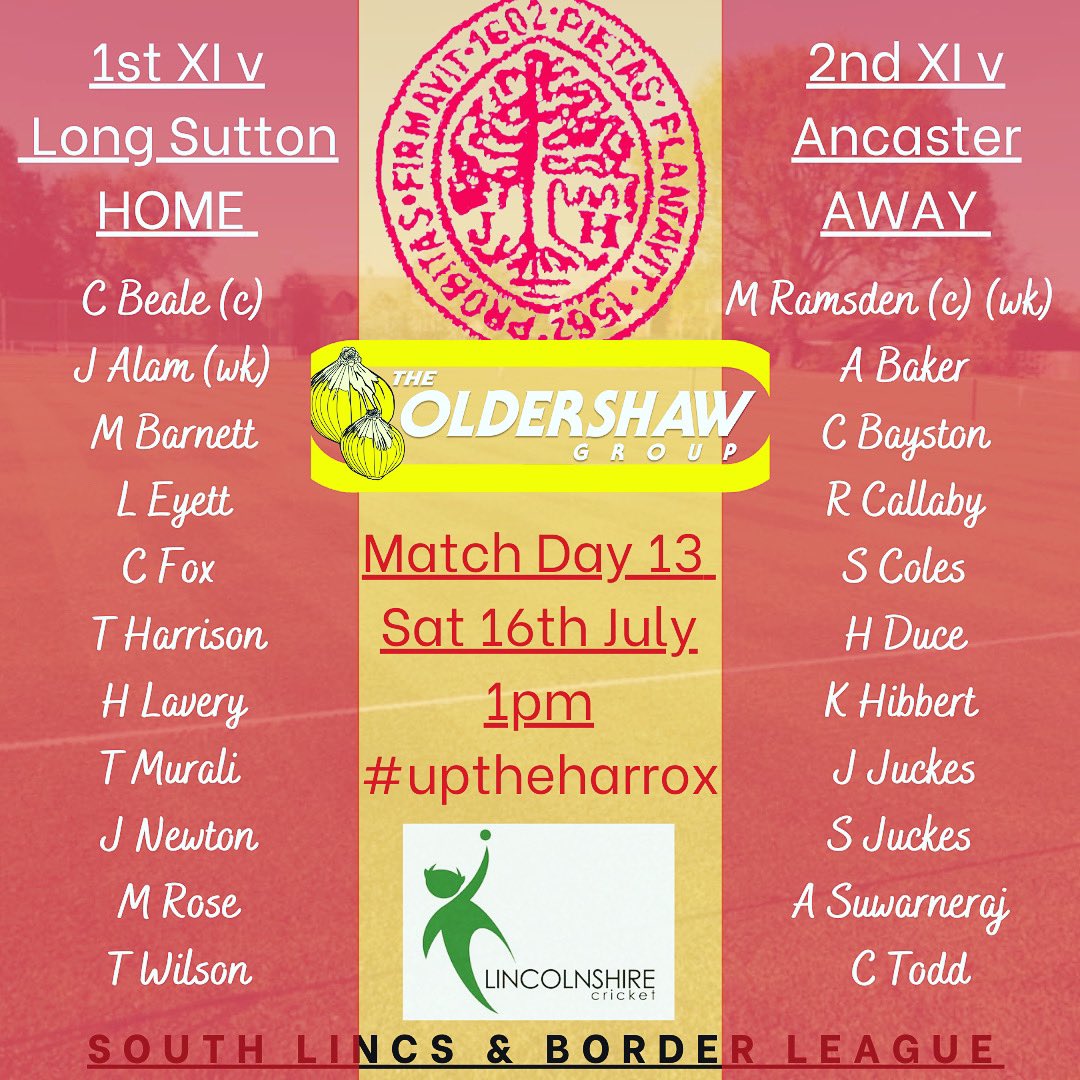 MATCH DAY 13 🏏

The 1st XI host <a href="/LongSuttonCC/">LSCC</a> at Broad Lane in a South Holland derby, looking to make it 4 wins on the bounce.

The 2nd XI travel to <a href="/AncasterCC/">Ancaster CC 🏏</a> in an important game at the top of Division 1. 

No fixture on Sunday. 

#UpTheHarrox