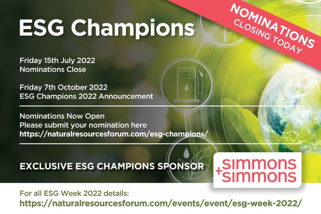 NatResourcesForum (@natural_rf) on Twitter photo FINAL DAY!!! | HAVE YOU SUBMITTED YOUR NOMINATION YET?Ā | NOMINATIONS CLOSING TODAY FRIDAY 15th JULY AT 11:59PM |Ā
Submit your nominationĀ here:Ā lnkd.in/e7b7U6rtĀ Ā Ā
ESG Champions Exclusive Sponsor:Ā <a href="/SimmonsLLP/">Simmons & Simmons</a>
#miningĀ #energyĀ #renewableenergy FINAL DAY!!! | HAVE YOU SUBMITTED YOUR NOMINATION YET?Ā | NOMINATIONS CLOSING TODAY FRIDAY 15th JULY AT 11:59PM |Ā
Submit your nominationĀ here:Ā lnkd.in/e7b7U6rtĀ Ā Ā
ESG Champions Exclusive Sponsor:Ā <a href="/SimmonsLLP/">Simmons & Simmons</a>
#miningĀ #energyĀ #renewableenergy