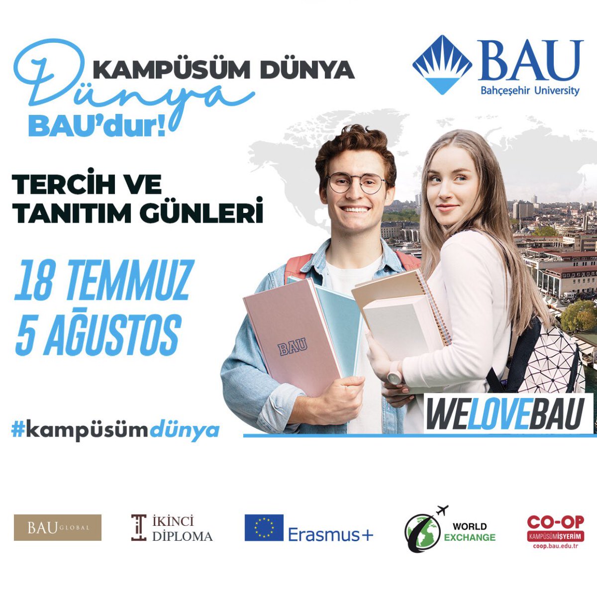 Bahcesehir's tweet photo. #BAUTercihveTanıtımGünleri başlıyor! 🥳🎉

TEAM'22 ekibimiz ister online platformlarımızda👨🏻‍💻, ister telefonla 📞 , isterseniz de kampüsümüzde 🏫 destek olmak için seninle. 

Hayallerine giden bu yolda sen de #KampüsümDünya diyorsan BAU her zaman yanında! 🌍💙 https://t.co/c8hNcoJNvu