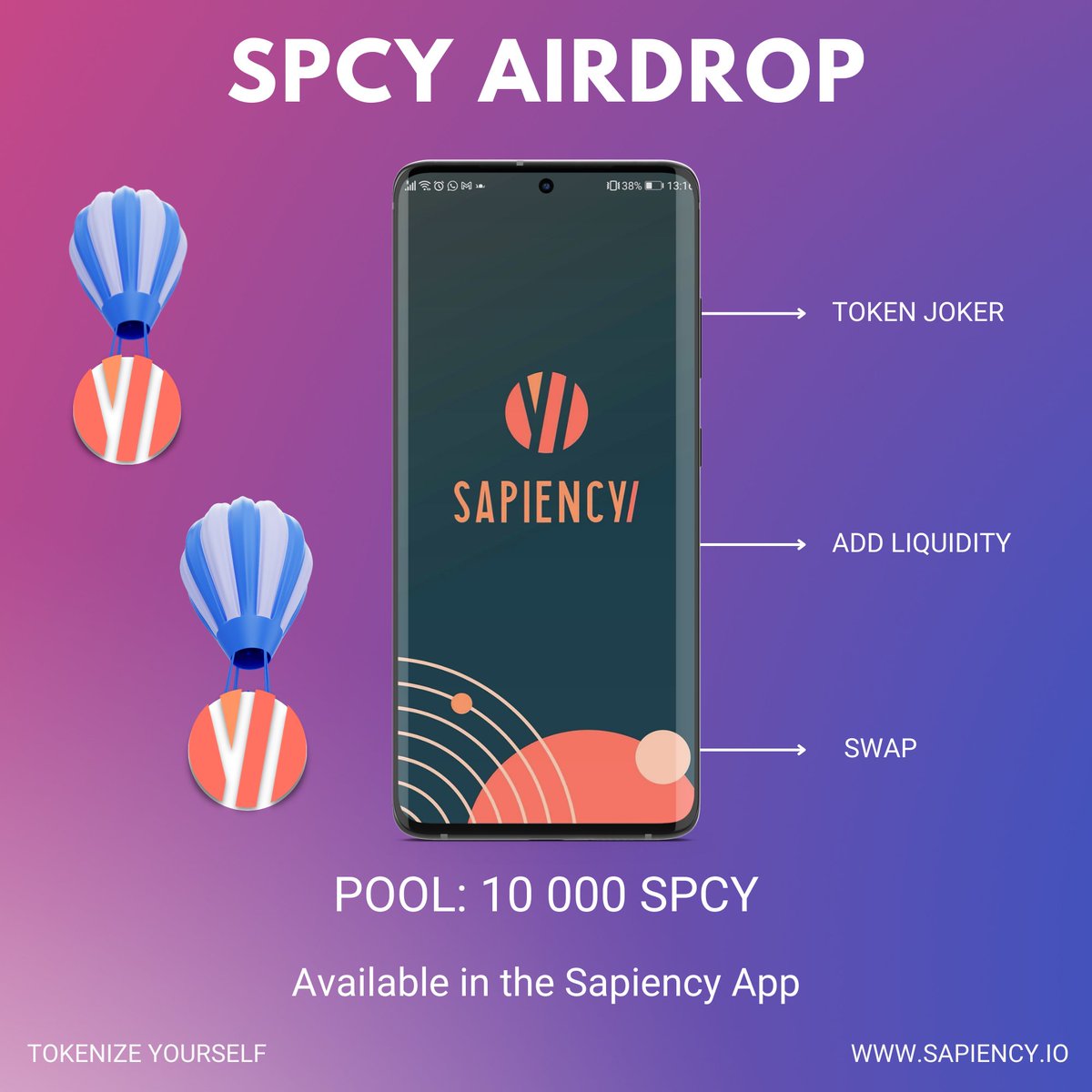#Airdrop of #SPCY tokens now available in the #SapiencyApp! 🤩

If you don't have an account yet, register, participate in the giveaway &amp; use the #tokens you get in the app.
Hurry up, because the airdrop won't last long! 💥

AIRDROP:
sapiency.page.link/TG9MCUWHSYZfTX…