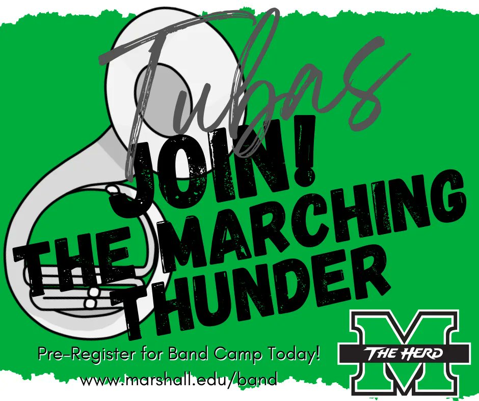 marshallubands's tweet photo. Don't miss your opportunity to be involved!
All tuba players - pre-register for the Marching Thunder band camp today!
Be a part of the Thunder!
https://t.co/yze9ZzS6VF
#marchingthunder
#wesoundasone
#marshallubands https://t.co/hEU2ErOTMg