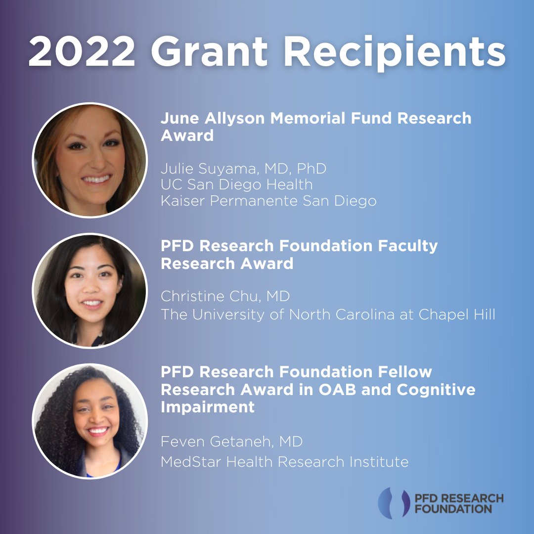 urogynsociety's tweet image. Congratulations to this year's #PFDResearchFoundation's 2022 Grant Recipients! Thank you to our generous donors whose contributions supported research directions for early career investigators.

Support the research fund: ow.ly/PyhS50JWUpW?

@UCSDHealth @UNC @MedStarHealth