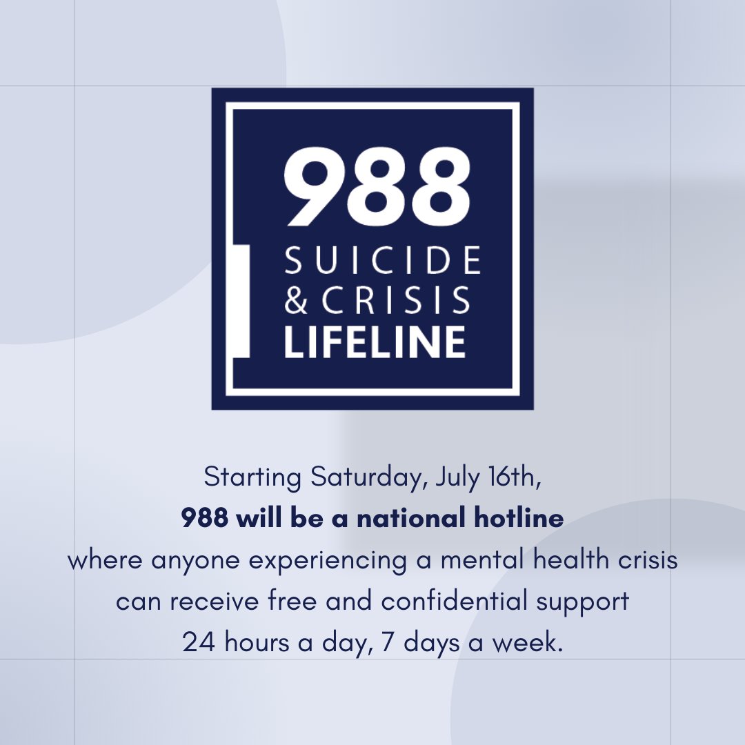 The 988 Suicide &amp; Crisis Lifeline launches this Saturday to provide easy 24-hour access to help for anyone experiencing a mental health crisis. Individuals who reach out will be connected with a trained crisis counselor who can provide support. 988lifeline.org.
