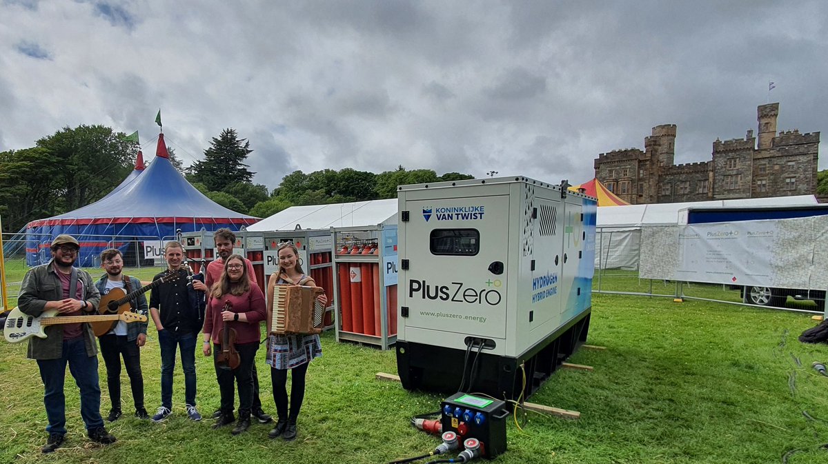 The fantastic <a href="/EriskaBand/">Eriska</a> made a bit of music festival history this afternoon at @Hebcelt.  We think this was a world first, full stage PA + Lighting powered by #GreenHydrogen using <a href="/PlusZeroEnergy/">PlusZero +0</a>'s generator &amp; hydrogen produced here in the Western Isles. 👏 🏆 🍾