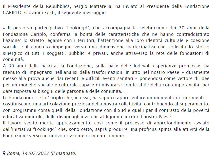 ConilSud's tweet photo. "Le Fondazioni costituiscono un'articolazione preziosa della nostra collettività". Il messaggio inviato dal Presidente Mattarella per i 30 anni di @FondCariplo con un riferimento alla Fondazione Con il Sud e a @ConiBambini. https://t.co/MVaTeslEae  #looking4 https://t.co/7Gti12slg9