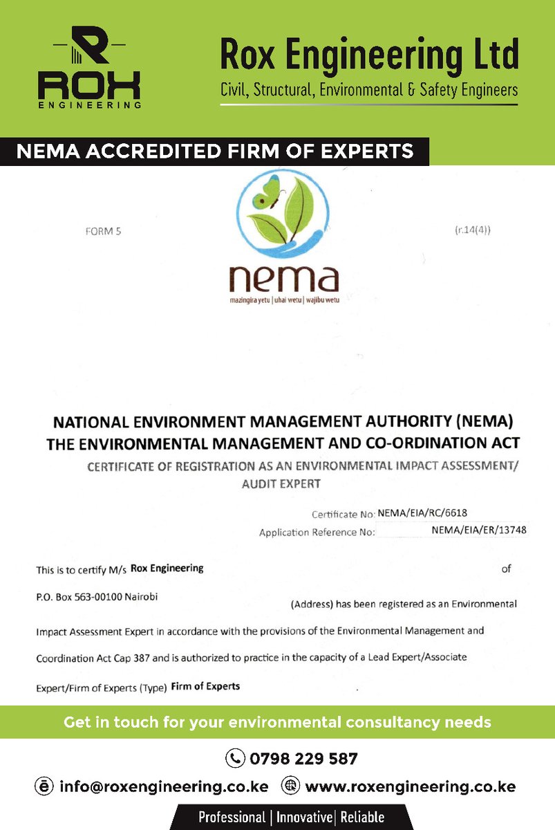 Your go to NEMA accredited Consultants. #EnvironmentalConsultancy #professional  #sustainabledevelopment #RoxEngineering