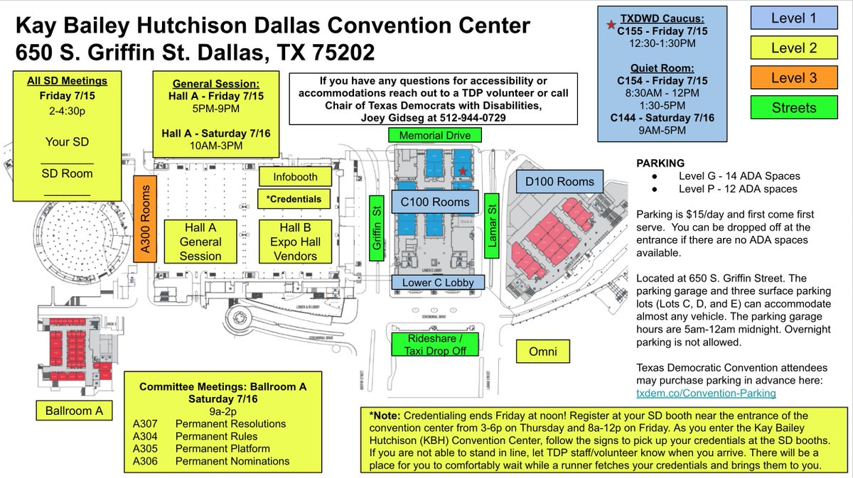 TXDisabledCrew's tweet photo. Here is a map of the convention center. We are scoping out where the accessible elevator is but it appears that the one in C155 is only access to the parking garage &amp; the others are not accessible.  @texasdemocrats #TXDemocraticConvention @KieferOdell https://t.co/bdUiK97jZz