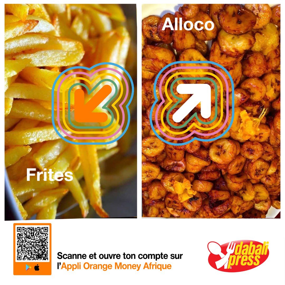 CI_Orange's tweet photo. Notre CM dit qu’il préfère les frites à l'Alloco oh 😅. Et vous ? En tout cas peu importe votre choix, vous pouvez payer chap chap avec Orange Money chez #DabaliExpress. https://t.co/uOxRVaExHC