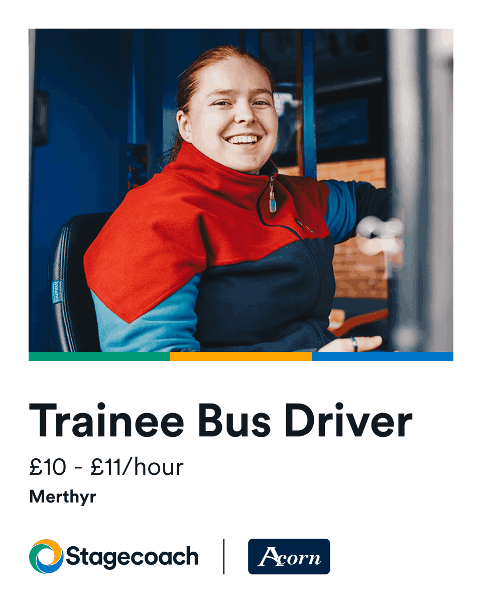 acorn_jobs's tweet photo. Looking for your next stop? 
Love meeting new people? 
Ever thought about being a bus driver?

Stagecoach South Wales is looking for Trainee Bus Drivers to join Merthyr Tydfil Depot.

Live life in the bus lane! 

Get onboard, apply: https://t.co/OZvYSIwA1u https://t.co/RkMiLaaDhx