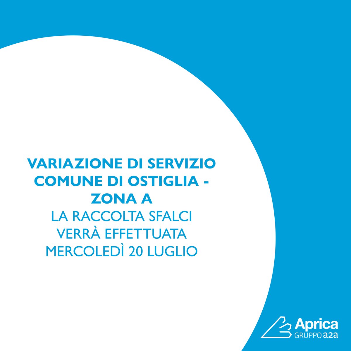 ⚠️ <a href="/comuneostiglia/">Comune di Ostiglia</a> 

🛑 Il servizio di raccolta sfalci nella ZONA A di #Ostiglia di lunedì 18 luglio è sospeso.
🍃 La raccolta verrà effettuata nella giornata di mercoledì 20 luglio. 

Maggiori info sul nostro sito: bit.ly/Aprica-Ostiglia