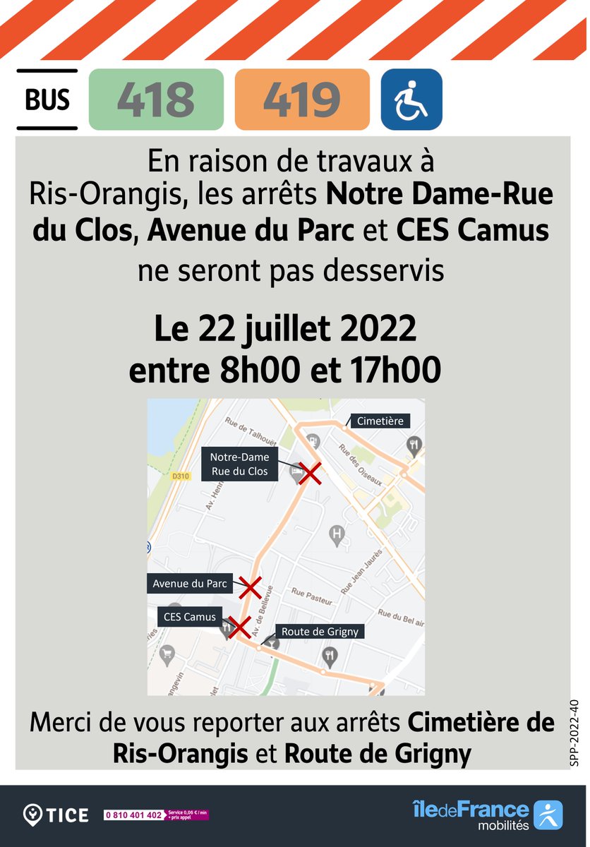 EvryEss_IDFM's tweet image. #InfoTrafic En raison de travaux, les arrêts Notre-Dame Rue du Clos, Avenue du Parc et CES Camus ne seront pas desservis sur les lignes #Bus418 et #Bus419 le 22/07/2022 entre 8h et 17h