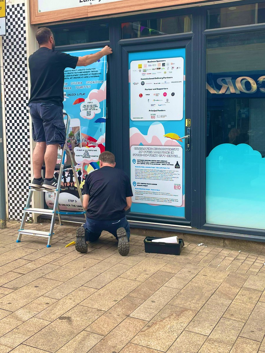 The team from QPS installing #umbrellaproject2022 window wraps ahead of our launch day, Sat 16 @10am beneath the ☂️☂️☂️
<a href="/QPSPrint/">QPS Print</a> have been instrumental in the delivery of this project, working collaboratively with the BID &amp; other orgs involved to deliver under tight deadlines