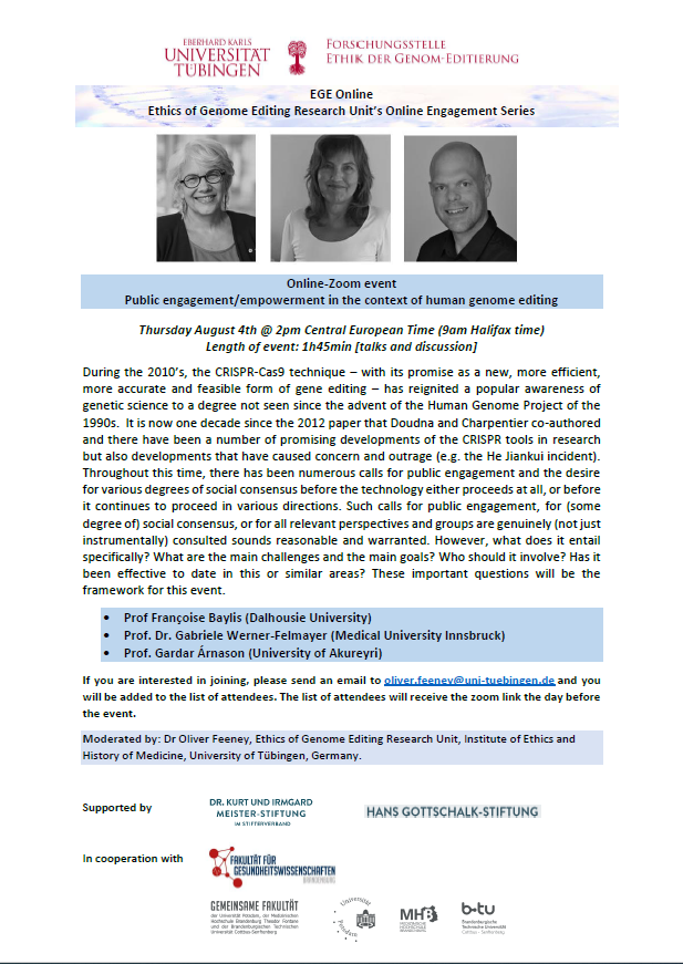 FeeneyOliver's tweet photo. [NEW DATE] CRISPR'd Humans, genome editing &amp; public engagment? The what, how and why! 

Thursday August 4th @  2pm CET (9am Halifax time)

Save the new date and don't miss it!

To join, contact me for the link: oliver.feeney@uni-tuebingen.de https://t.co/NgK0uDxhLd