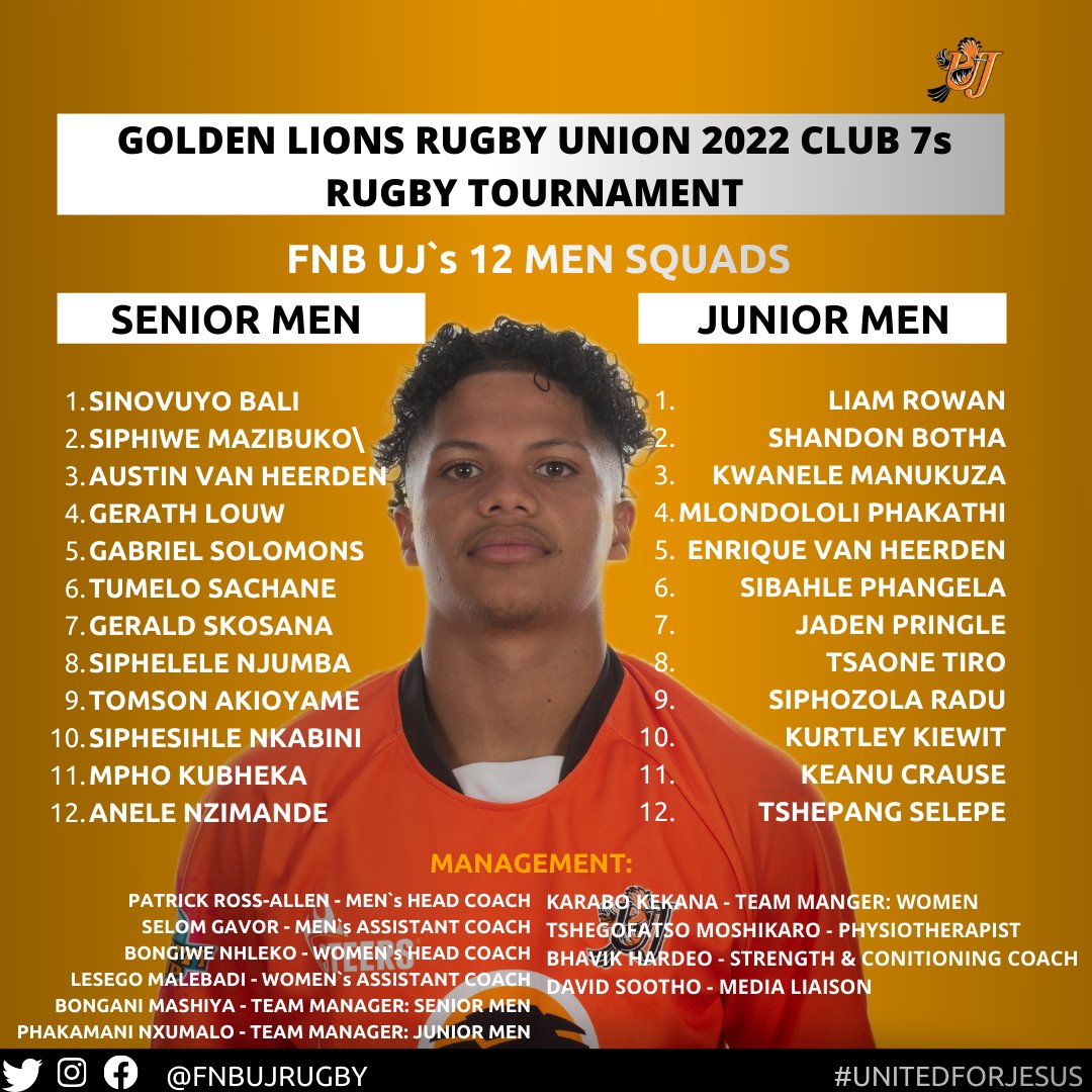 FNBUJRUGBY's tweet photo. TEAM LISTS |
Hello UJ rugby/Sport family, herewith the men's teams and the general management team that will lead the teams over the weekend.
#UJAllTheWay #7srugby #glru #uj7s #clubrugby #unitedforjesus https://t.co/10TjAfub2Y