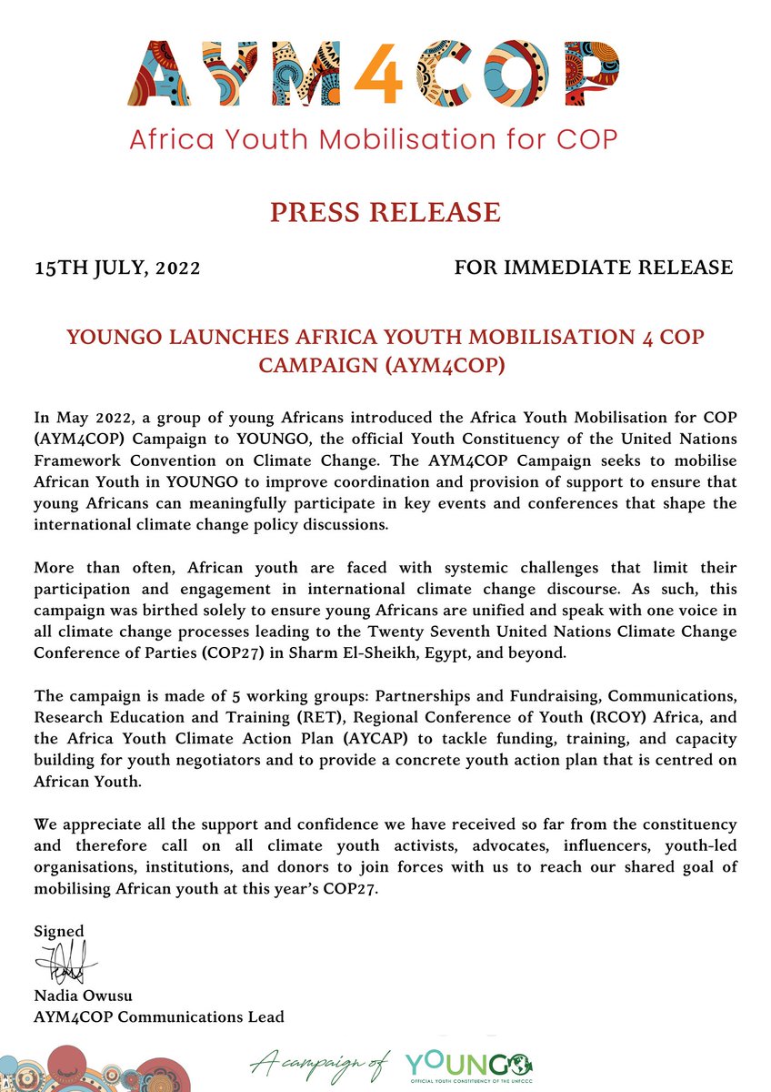 We are mobilising African youth for #COP27.
We would like to announce that we are successfully launching the campaign today 15/7/22
#AYM4COP
#COP27
@aym4cop 
@UNFCCC 
@EgyptGovPortal 
@republicoftogo 
@AYICC
@PnudTogo 
@DossouMyriam 
@JVE_Int