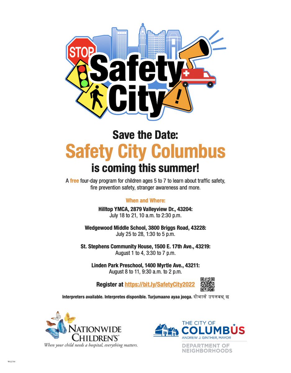 Save the Date: Safety City Columbus is coming this summer, and they will have interpreters available! This FREE program is for children ages 5-7 to learn safety tips. Register at bit.ly/SafetyCity2022.