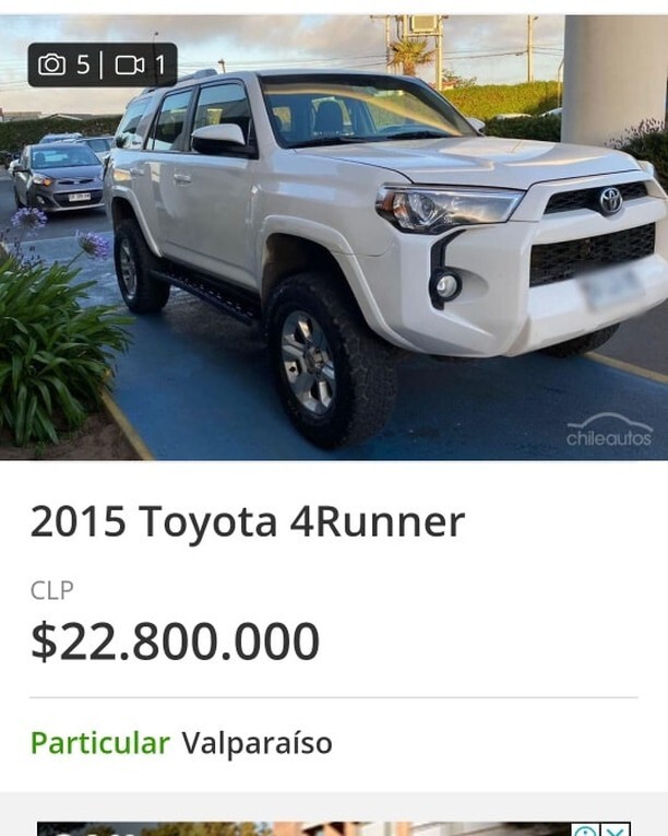 RuedaVenta's tweet photo. Aquí en Venezuela dónde se gana menos los carros son más caros aquí les traigo un ejemplo de lo que cuesta una Toyota 4Runner  año 2015 en chile está casi a 1.000 pesos es decir que está camioneta cuesta 22.000$ y cuánto cuesta en Venezuela ? https://t.co/hRbletd5kT https://t.co/AJcrd965W3