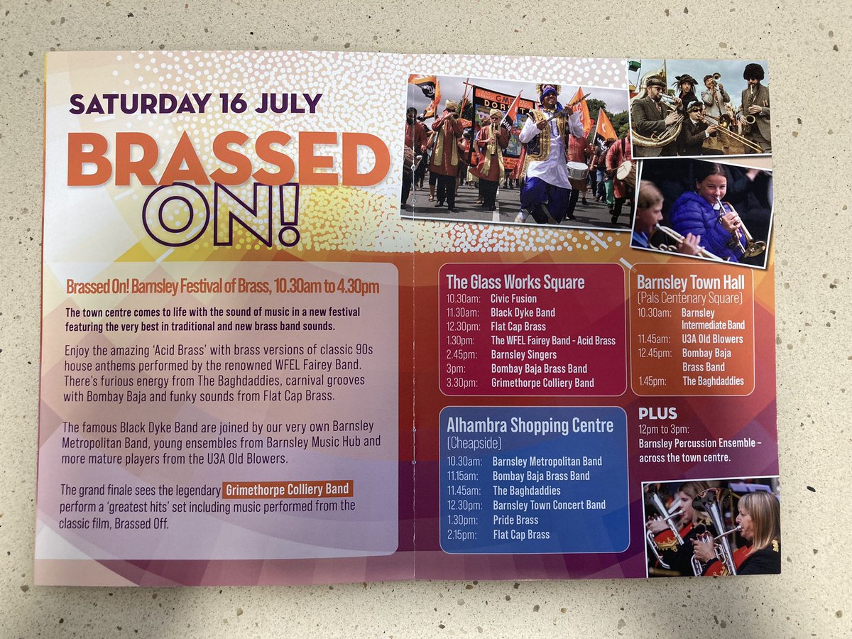 Running order for each stage at <a href="/BarnsleyCouncil/">Barnsley Council</a> Brassed On! <a href="/FusionCivic/">Civic Fusion</a> @blackdyke <a href="/FlatCapBrass/">Flat Cap Brass</a> <a href="/TheFaireyBand/">The KNDS Fairey Band</a> <a href="/BarnsleySingers/">BarnsleySingers</a> <a href="/GrimethorpeBand/">Grimethorpe Colliery Band</a> <a href="/BarnsleyMetBand/">Barnsley Met Band</a> <a href="/BarnsWindBands/">Barnsley Wind Bands</a> <a href="/BOMBAYBAJA/">BombayBajaBrassBand</a>