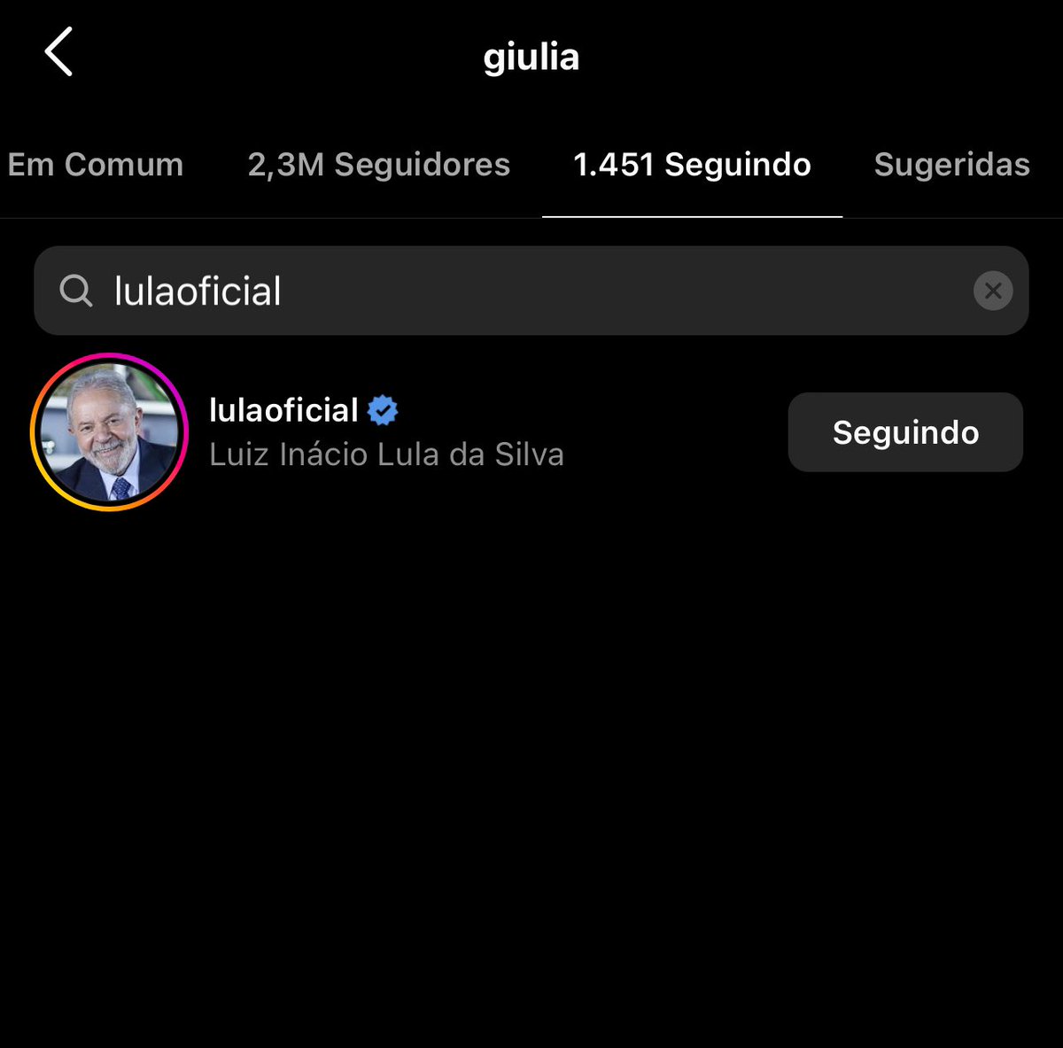 Giulia Be começou a seguir o ex-presidente Lula no Instagram.