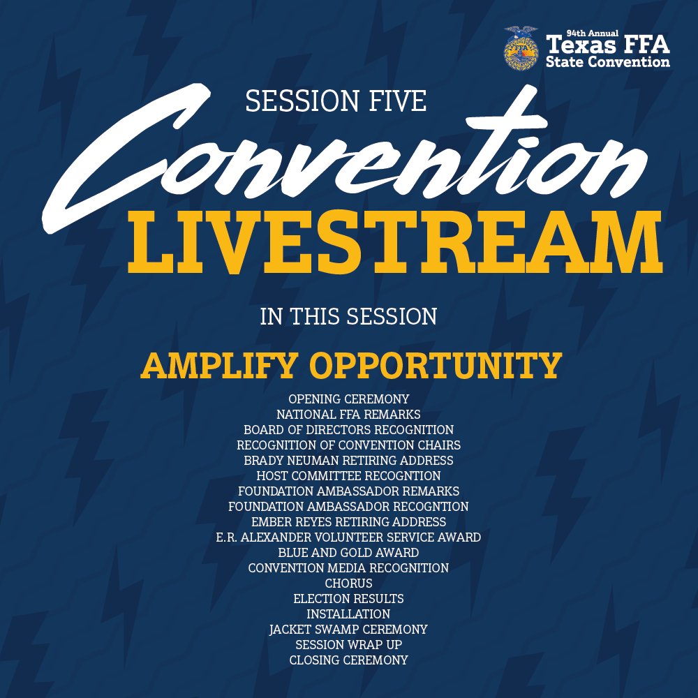TexasFFA's tweet photo. Tune in now to watch the final general session of the Texas FFA Convention! 

https://t.co/xu9WKTdnUK

#TexasFFA #AmplifyFFA #MyTexasFFA https://t.co/3qCUfoGT97