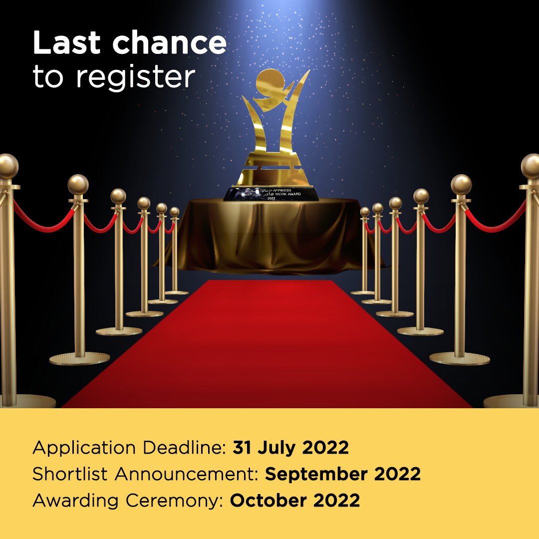Time is running out fast. The last date for application is coming soon! Register today to participate in the Happiness@Work Award
.
.
.
#happinessinwork #awardwinning #workaward #happinessatwork
#Registration #awards #happyemployees