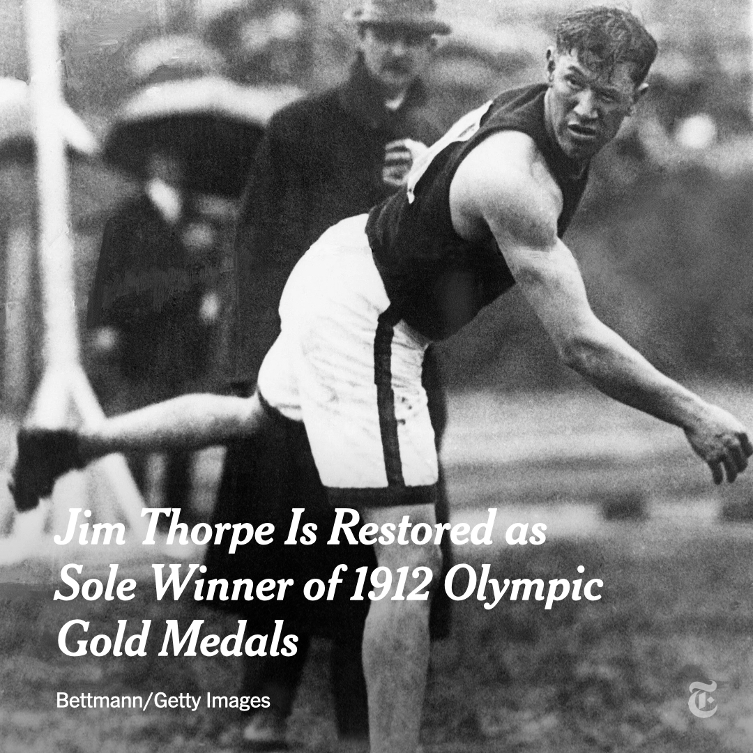 nytimes's tweet photo. Jim Thorpe, one of the greatest athletes in history and the victim of what many considered a century-old Olympic injustice, has been restored as the sole winner of the decathlon and pentathlon at the 1912 Stockholm Games.
https://t.co/qfpxdLFjux https://t.co/ydY6rzBhhz