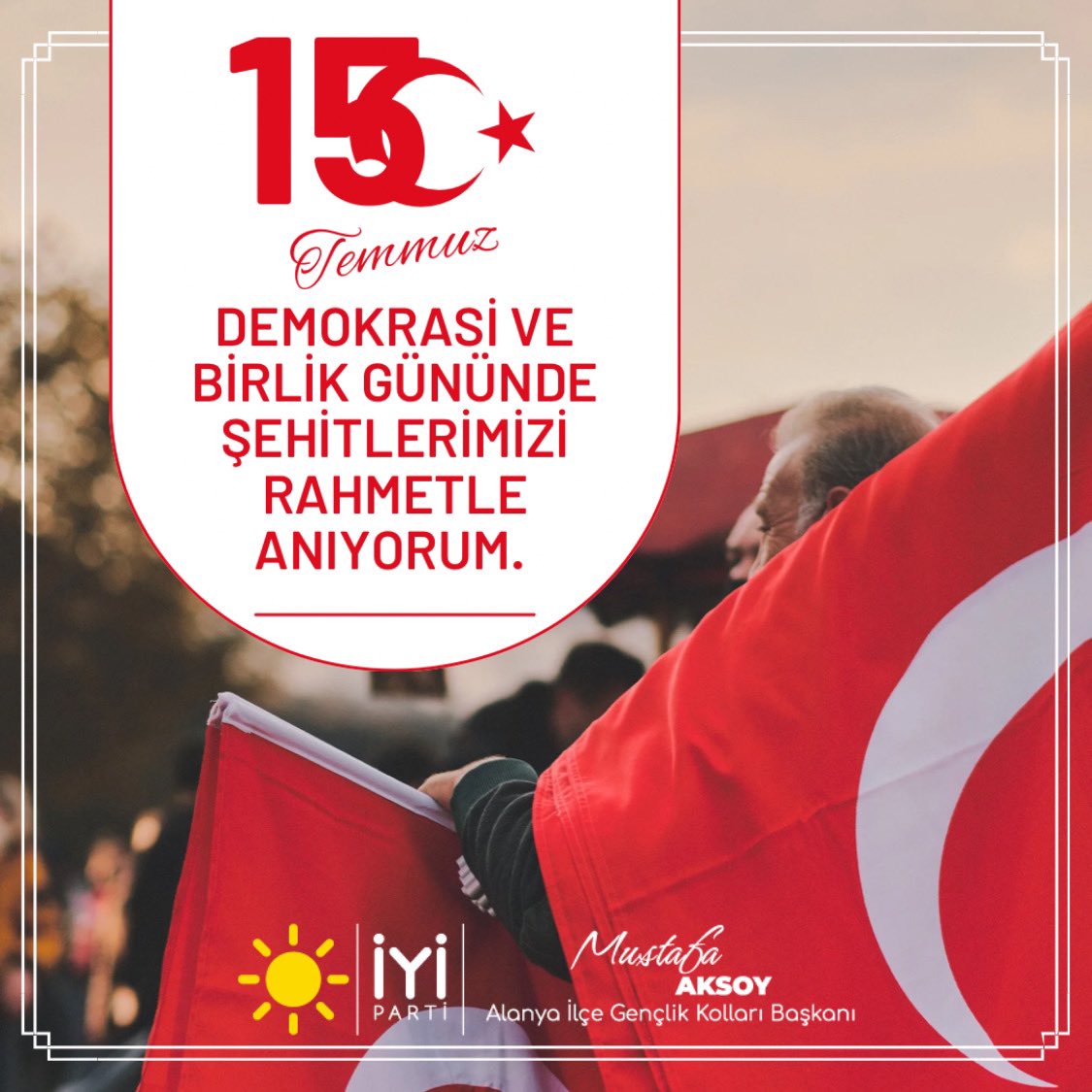 Demokrasi ve Birlik Gününde Şehitlerimizi rahmetle anıyor gazilerimize uzun sağlıklı ömürler diliyorum. #İYİgençlik #15Temmuz