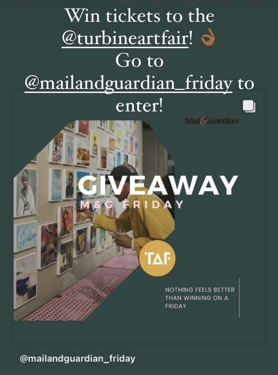 LeratoTJ's tweet photo. WIN TICKETS TO THE TURBINE ART FAIR!!! 📣📣📣

@MG_Friday is giving away two double tickets to the @TurbineArtFair happening next week at its new home in Rosebank. 
Follow our pages to qualify to win! 
#Art #SouthAfrica #FridayIsAFeeling #MailandGuardian https://t.co/QqVQzhy4Oe