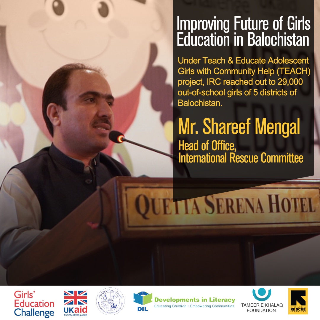 IRCTeach's tweet photo. "Under Teach &amp; Educate Adolescent Girls with Community Help (TEACH) project, IRC reached out to 29,000 out-of-school girls of 5 districts of Balochistan.
Mr. Shareef Mengal – Head of Office IRC
#GirlsEducation #EducatingGirlsinBalochistan #TEACH https://t.co/jheyNEc4p7
