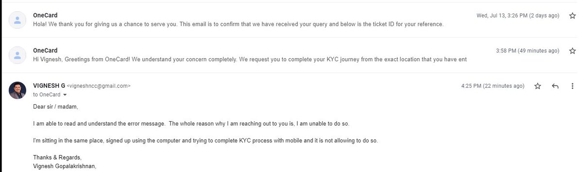vigneshncc's tweet photo. @GetOneCardIN @GetOneCardIN Guys, please understand everytime I can't wait for 48 hrs to get a response.   One thing you have to improve is your support team. https://t.co/baIHyRaPVQ
