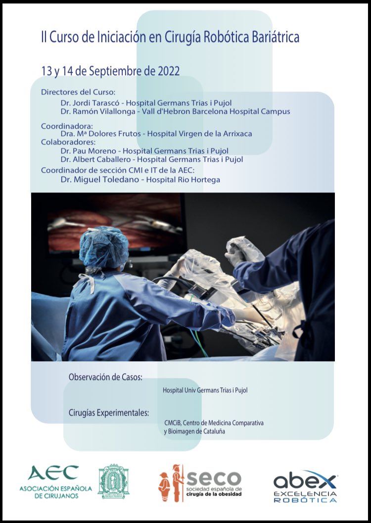 Jordi Tarascó, MD PhD (@jorditarasco) on Twitter photo 13-14 de Septiembre 2022. Segunda Edición del Curso de Iniciación en Cirugía Bariátrica Robótica en el Hospital Germans Trias i Pujol. Inscripción a través de la web de la AEC. <a href="/aec_obesidad/">AEC-SECO</a> <a href="/obesidadSECO/">SECO - Sociedad Española de Cirugía de la Obesidad</a> <a href="/FrutosMd/">MD Frutos</a> <a href="/DrPau/">Dr. Pau Moreno</a> Dr. Caballero <a href="/drvilallonga/">RAMON VILALLONGA</a> <a href="/abexDaVinci/">ABEX Excelencia Robótica</a> <a href="/mtolet11/">Miguel Toledano</a> 13-14 de Septiembre 2022. Segunda Edición del Curso de Iniciación en Cirugía Bariátrica Robótica en el Hospital Germans Trias i Pujol. Inscripción a través de la web de la AEC. <a href="/aec_obesidad/">AEC-SECO</a> <a href="/obesidadSECO/">SECO - Sociedad Española de Cirugía de la Obesidad</a> <a href="/FrutosMd/">MD Frutos</a> <a href="/DrPau/">Dr. Pau Moreno</a> Dr. Caballero <a href="/drvilallonga/">RAMON VILALLONGA</a> <a href="/abexDaVinci/">ABEX Excelencia Robótica</a> <a href="/mtolet11/">Miguel Toledano</a>