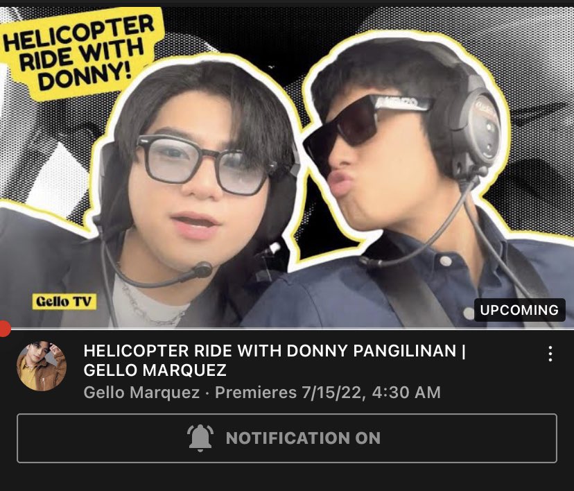 EYES HERE, SONGBIRDS!

are y’all ready for the next episode of gellotv? 😌 episode 5 of gellotv starts in 30 mins!! here’s the Helicopter Ride with Donny Pangilinan, join us in the live premiere now!

youtu.be/sakW2AheN8M

#GelloMarquez | Gello Marquez
#DonnyPangilinan