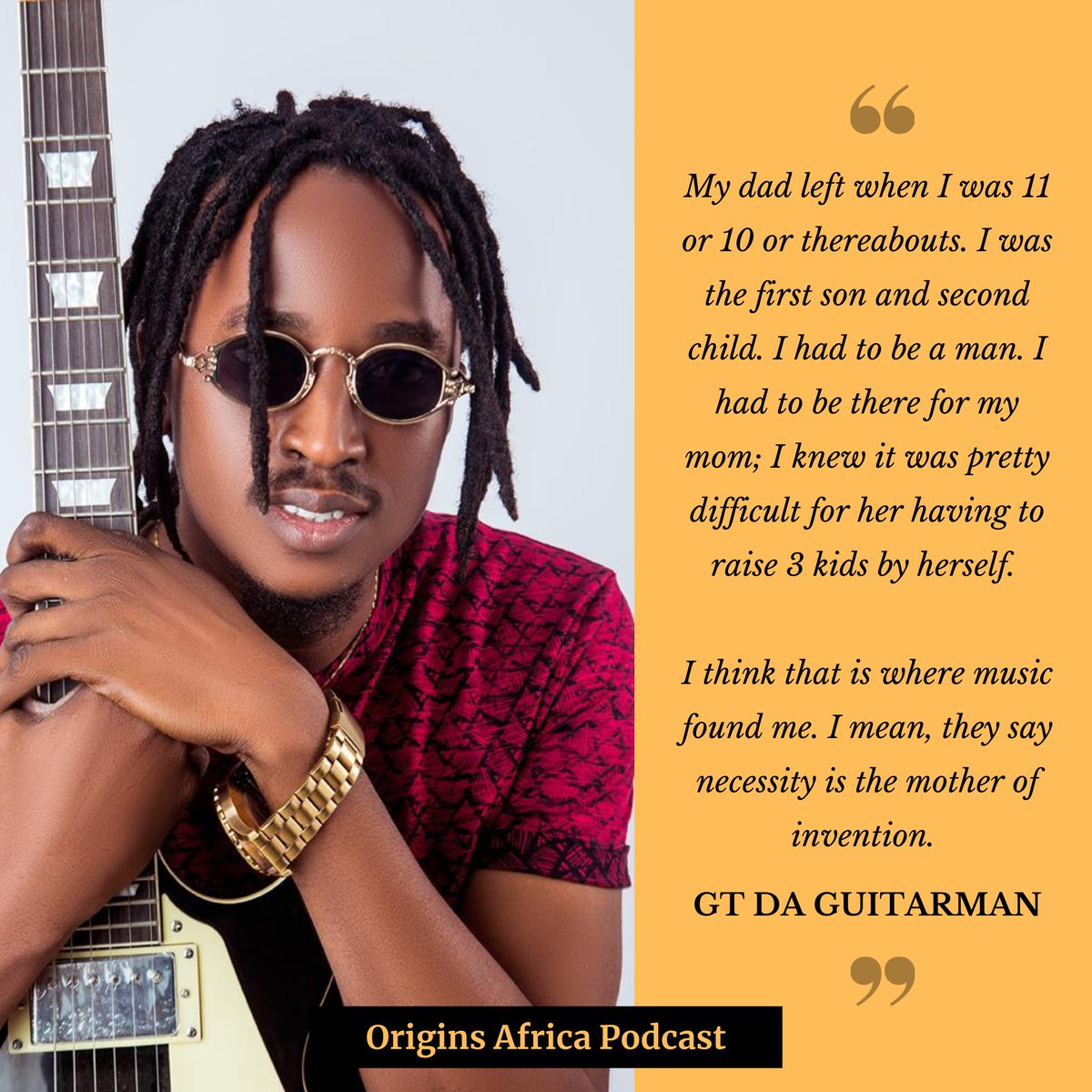 OriginsAF's tweet photo. On this episode, Part 1, you will hear GT Da Guitarman talk about growing up in what he called a "broken home".

He'll talk about the defining moment that shaped his decision to pursue music as a career, how he got his first guitar, and more.

Listen here: https://t.co/Akt8sRHt1c https://t.co/54N34Go22e