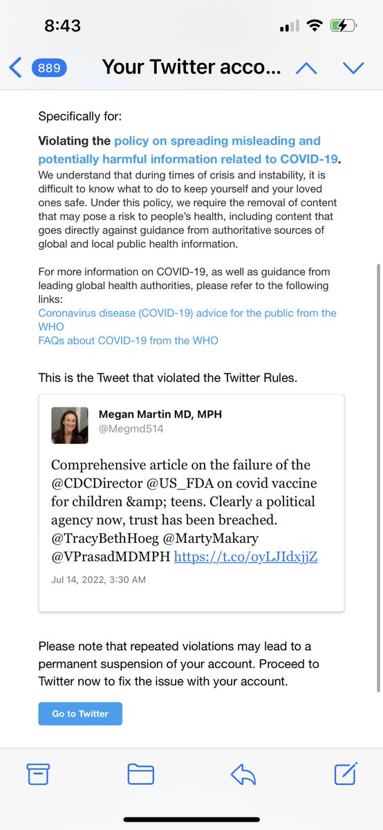 Megmd514's tweet photo. @TracyBethHoeg @bariweiss Hi Tracy - I tweeted the article and twitter has labeled it misinformation and sent me this warning.  It's scary that twitter is attempting to censor medical dialogue bc it goes against "authorities" Read the warning below. @VPrasadMDMPH https://t.co/aRbQnw3m6o