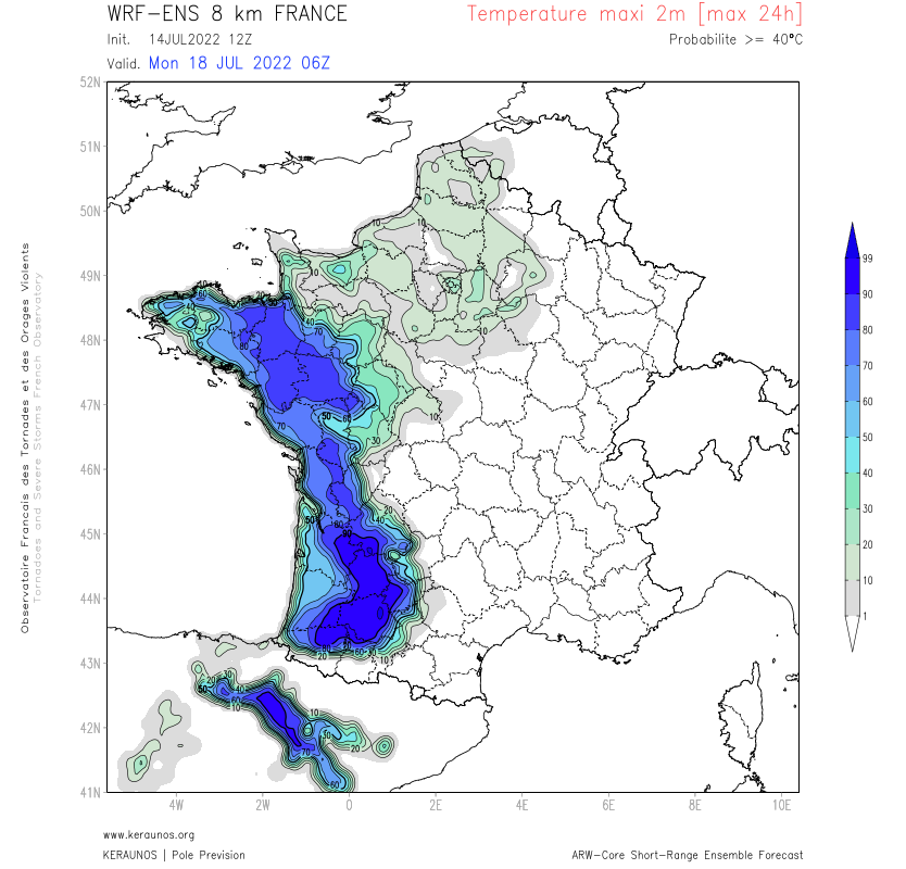 Lundi sera donc la journée la + chaude de l'épisode de #canicule dans l'ouest. 
La proba de Tmax > 40°C est significative avec des records absolus en vue sur le nord-ouest (#Bretagne). 
Records absolus de Nantes, Bordeaux ou Pau entre autres, menacés. 