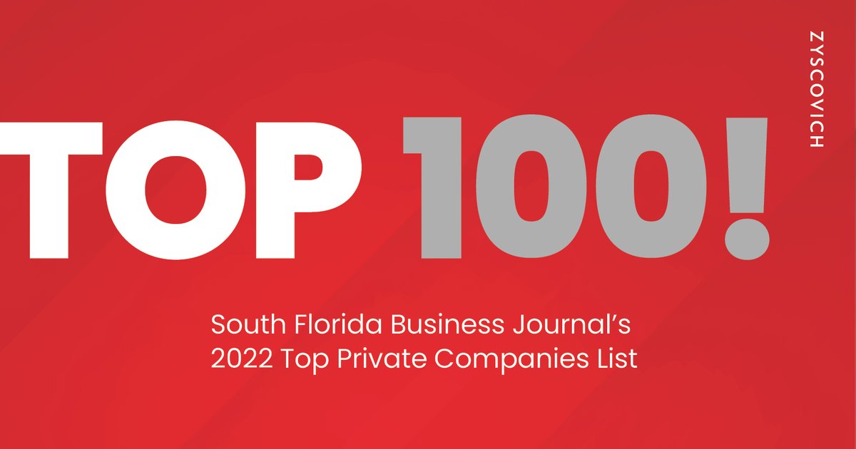 Our Firm makes it into the Top 100 Private Companies by South Florida Business Journal! We are honored to be part of this list ranking private companies from all industries headquartered in South Florida and generating billions of dollars per year.

#Zyscovich #WeMakePeoplePlaces