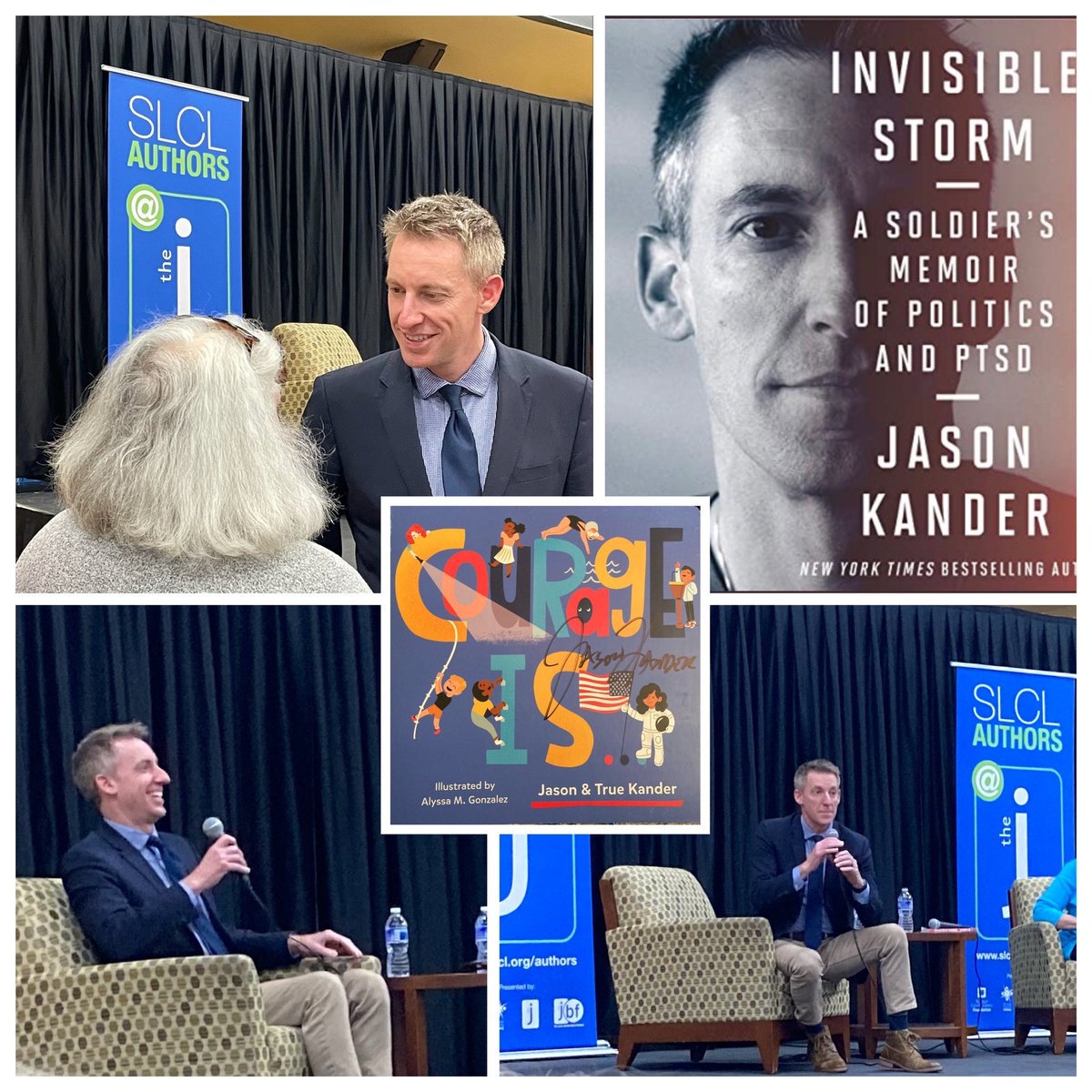 ColleenRitchi13's tweet photo. Look who stopped by The J in STL to share a bit about little league coaching and PTSD. I can’t wait to read this new book by @JasonKander. BONUS: Books by the YOUNGEST bestselling author in the family were also available #InvisibleStorm #CourageIs https://t.co/NS8U5d3uNW