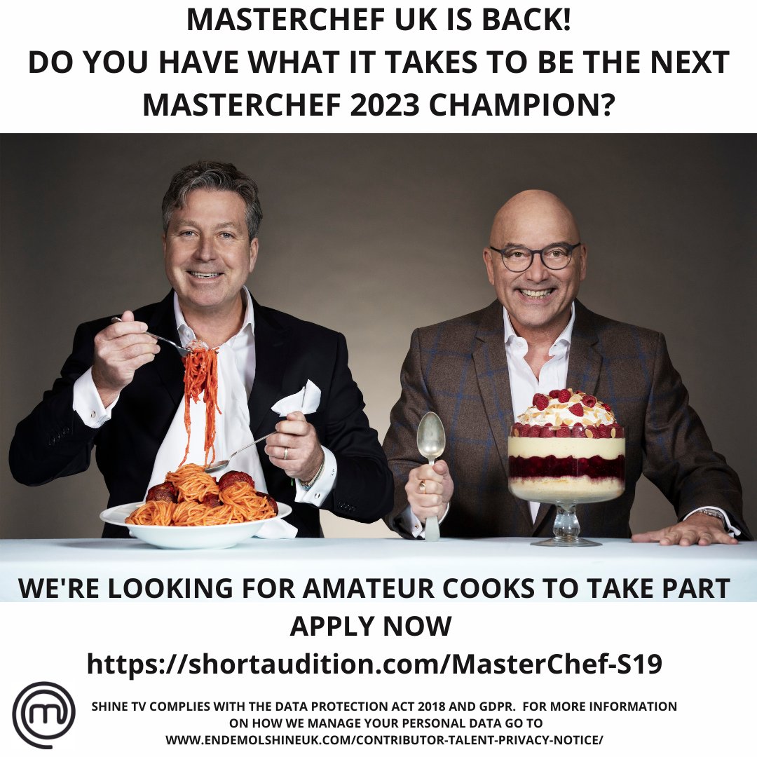 Applications for MasterChef UK are open. Get your application into us as soon as poss.  Could you be the next champion for 2023?  shortaudition.com/MasterChef-S19
#masterchef #MasterChefUK #TVShow #Casting #homecook #amateurcook #talentedcook #foodies #foodiesofinstagram #lovecooking