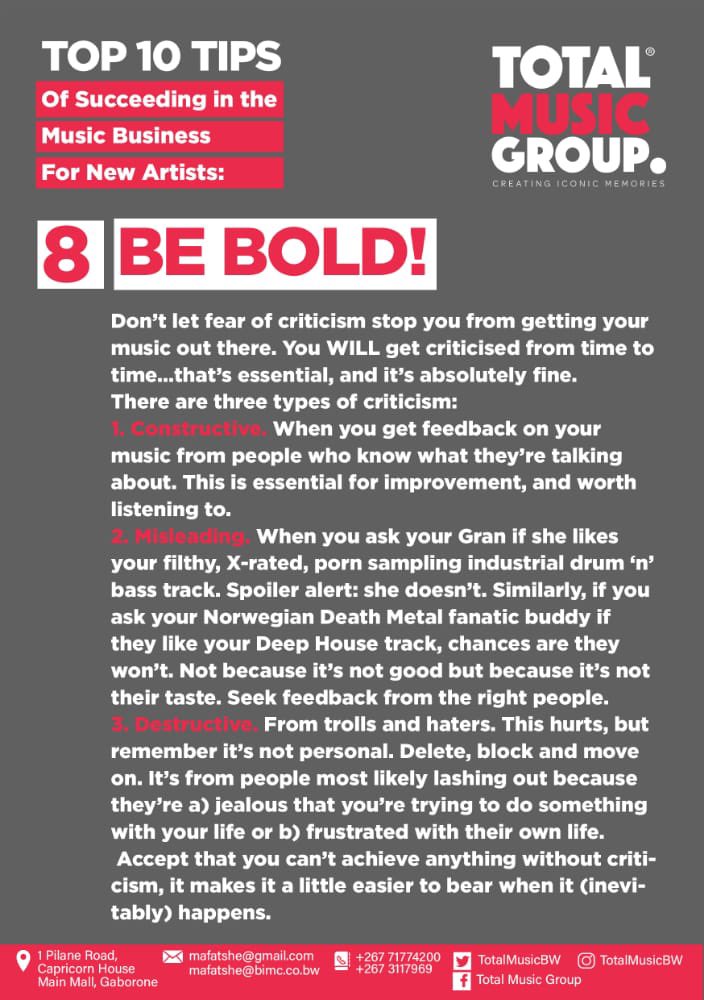 TotalMusicBW's tweet photo. Be BOLD! Don’t let the critics affect your creativity and decision making. Take the feedback as it comes and use it to better your craft. #MajorKey to success in the Music Industry. https://t.co/FDuAt6Pwdx
