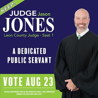 JudgeJasonJones's tweet photo. As a longtime member of this community, I have been honored and humbled to serve as your Leon County Court Judge. Please Vote to Keep Judge Jason Jones on August 23rd. #KeepJudgeJones #Vote #Leon https://t.co/VFgAPxPyGU