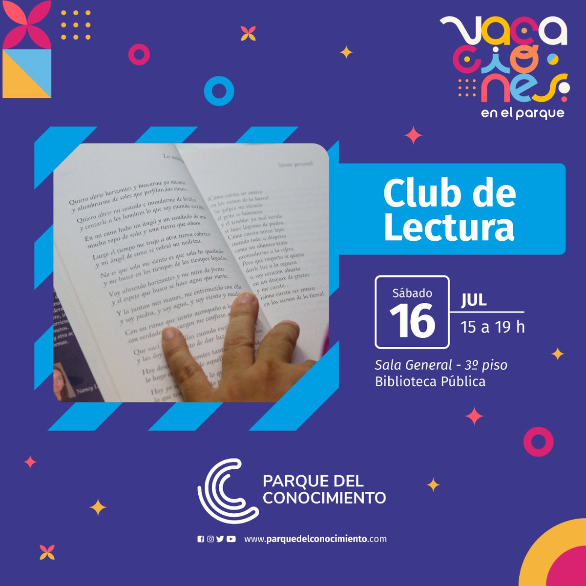 PCMisiones's tweet photo. 👉 #ClubdeLectura. Para jóvenes y adultos, sábado 16 “Compartiendo Lecturas”; en Sala General 3º piso. Pautas de lectura para interactuar con otros, abordando textos literarios. 

#VacacionesEnelParque #BPM #SalaGeneral #ParquedelConocimiento https://t.co/rnx9BVA99p