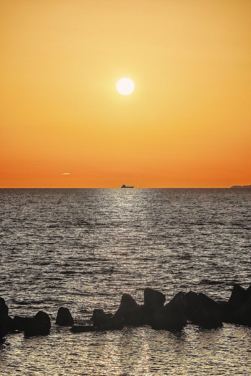 海で迎える夕暮れ時(*´꒳`*)シンプルにまん丸夕陽を撮ってみたけどやっぱり綺麗だにゃあ♪