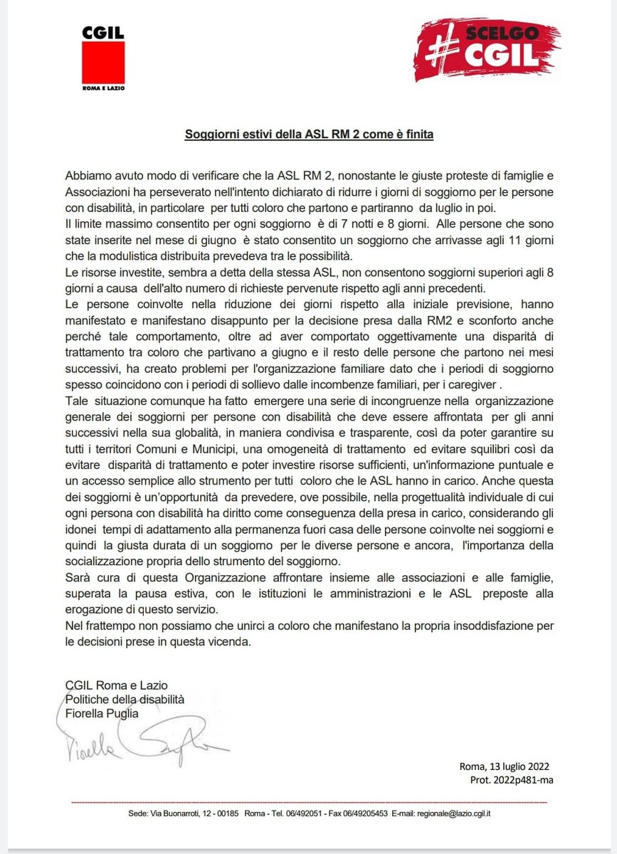 4 giorni sono niente, meno di una settimana.Eppure se si tagliano i soggiorni estivi, l'unica vacanza, l'unica occasione di socializzazione, di autonomia alle persone con disabilità,96 ore tagliate fanno danni enormi.Regione,Comune lasciate fare alla ASL RM2 ?