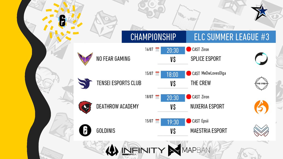 ELC_EsportsR6's tweet photo. [𝗘𝗟𝗖 𝗦𝘂𝗺𝗺𝗲𝗿 𝗟𝗲𝗮𝗴𝘂𝗲 3]

Today : Championship P2 :

18:00 @TSIEsports vs @TheCrewR6 Cast by @MeOwDoesSiege on https://t.co/DrrOao0R3E

19:30 : @GoldinisLFO vs @Maestria_esport Cast by @Epsii_R6s on https://t.co/6q25hXJYMW https://t.co/gl2Ls25k8L